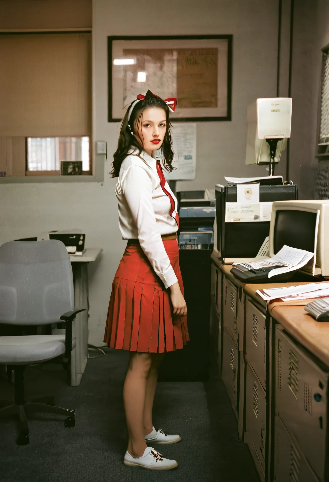 35mm, Fuji Superia 1600, ISO-6400, f/5.6, 1/30, film photography style, heavy grain, photorealistic, technicolor style, a haunting photograph taken in the ((1990s)) of a beautiful teenage white cheerleader girl in a dimly lit empty newspaper office, standing in front of an old CRT computer monitor. She has dark brown hair, bright red lipstick, and she is wearing a white uniform with red letters and red borders on her skirt. The office has four cramped desks in the middle with late 1990s era PCs, folded newspapers on top of the monitors, along with landline phones, office supplies, and chairs. In the background, there is a coffee machine and a microwave, as well as a corkboard with papers attached to it. The office is engulfed in darkness.