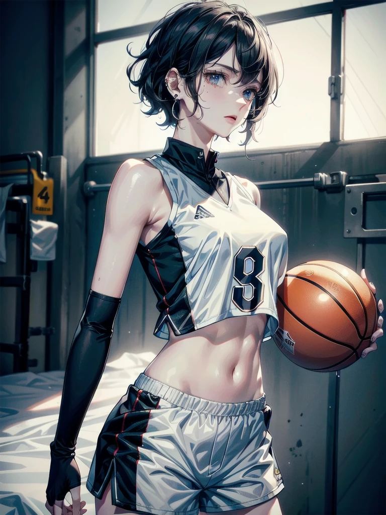 basketball uniform, shorts, midriff, sleeveless, absurdres, RAW photo, extremely delicate and beautiful, masterpiece, Best Quality, ultra high resolution, 32k, hyperrealistic, ultra-detailed, detailed description, pale skin, 20 years old, tearful mole, earring, big tits, short medium hair, wavy hair, whole body shot,