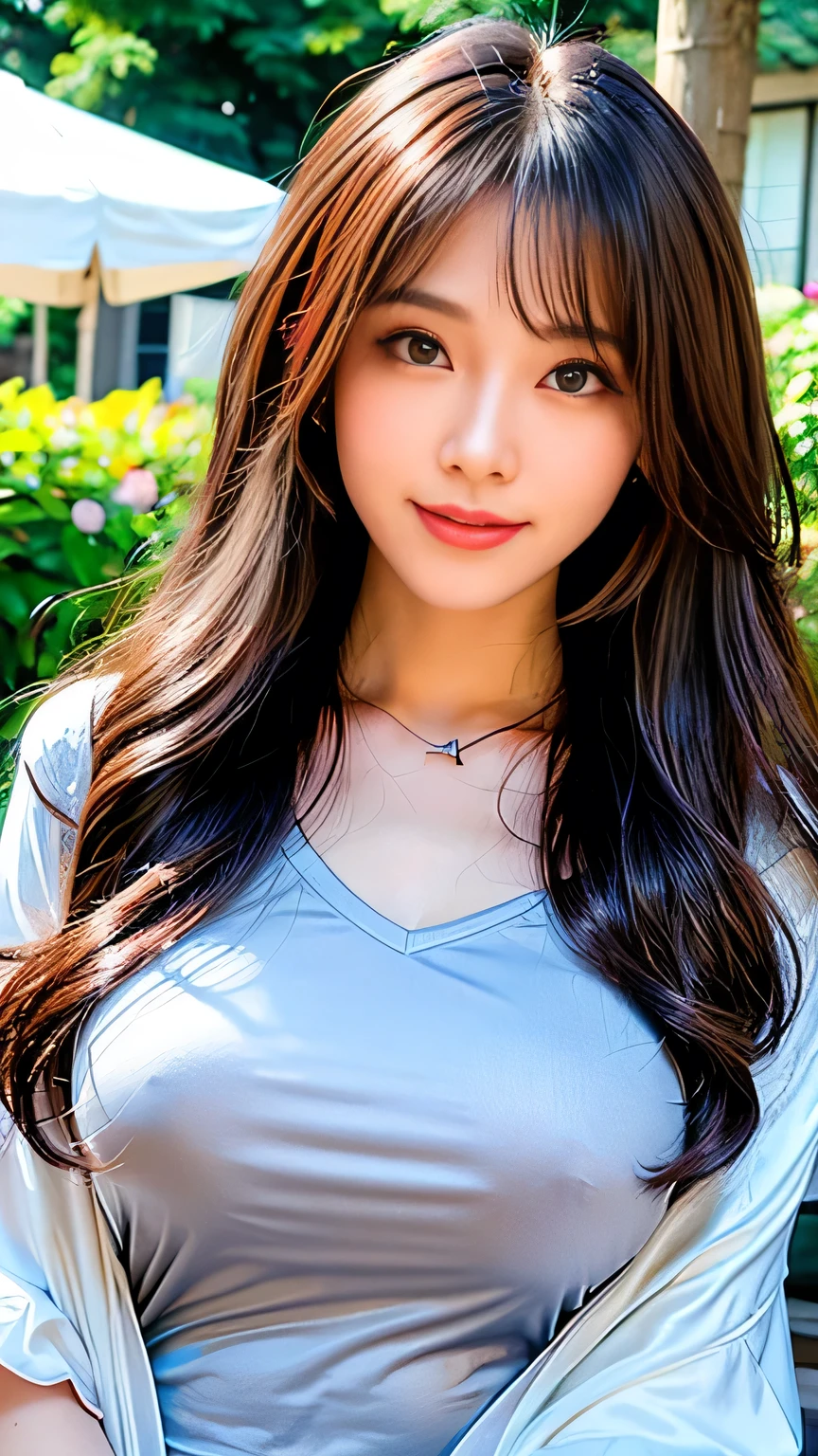 Full Body Angle、((highest quality, 8K, masterpiece: 1.3)), concentrated: 1.2, Cute girl 1,Nipples erect、 Perfect beauty: 1.4,Crisscross V-neck T-shirt, Casual summer short sleeve t-shirt: 1.2,Long sleeve、Randall Color、comics＆Text Graphics、Black ruffle-trimmed drawstring zip blouse,1.1, Highly detailed face and skin textures, Fine grain, double eyelid, whitening skin, ,highest quality,Ultra-high resolution,you,1 girl,alone,_Shiny_skin,Iris,necklace,((Brown_length_Wavy_hair)),(lips)),eyelash,Front hair,deal with,compensate,Shiny,pore,skin texture,Large Breasts、smiling face、Front hair、garden、