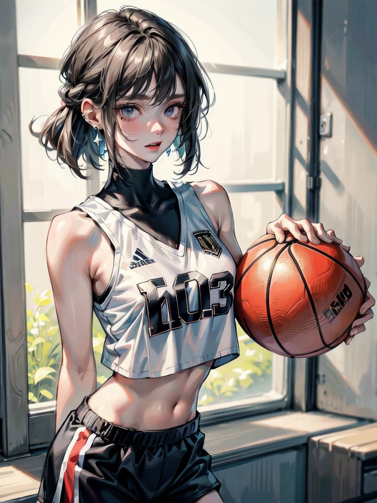 basketball uniform, shorts, midriff, sleeveless, absurdres, RAW photo, extremely delicate and beautiful, masterpiece, Best Quality, ultra high resolution, 32k, hyperrealistic, ultra-detailed, detailed description, pale skin, 20 years old, tearful mole, earring, big tits, short medium hair, wavy hair, whole body shot,