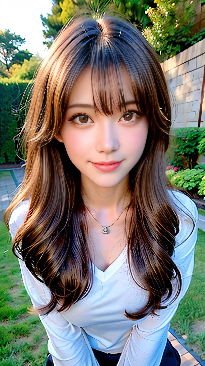Full Body Angle、((highest quality, 8K, masterpiece: 1.3)), concentrated: 1.2, Cute girl 1,Nipples erect、 Perfect beauty: 1.4,Crisscross V-neck T-shirt, Casual summer short sleeve t-shirt: 1.2,Long sleeve、Randall Color、comics＆Text Graphics、Black ruffle-trimmed drawstring zip blouse,1.1, Highly detailed face and skin textures, Fine grain, double eyelid, whitening skin, ,highest quality,Ultra-high resolution,you,1 girl,alone,_Shiny_skin,Iris,necklace,((Brown_length_Wavy_hair)),(lips)),eyelash,Front hair,deal with,compensate,Shiny,pore,skin texture,Large Breasts、smiling face、Front hair、garden、