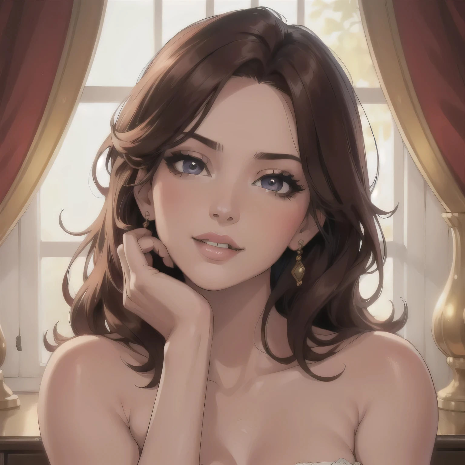 (best quality, highres, ultra-detailed, realistic:1.37), portraits, oil painting, detailed eyes, rosy lips, shiny hair, radiant smile, flawless skin, alluring gaze, sensual expression, elegant posture, graceful movement, soft lighting, vibrant colors, sophisticated background