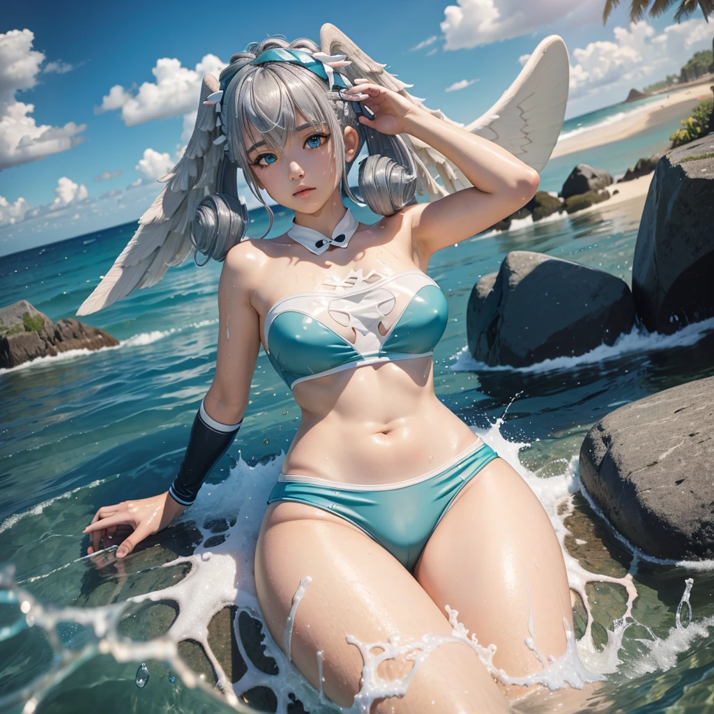 score_9, score_8 up, score_7 up, masterpiece, best quality, highly detailed, 1girl, solo, silver hair, curly hair, teal eyes, head wings, hair between eyes, medium hair, highres, breast, medium breast, yellow board shorts swimsuit, water, outdoors, wet, wet clothes, skin tight, wet swimsuit, beach, nsfw, innocent, beautiful, laying on her side, fullbody
