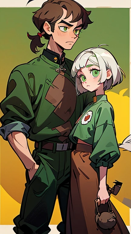 ((height difference)), Illustration style, cartoony, love, couple, (masterpiece, best:1.0), ((couple)), ((one man)), ((one woman)), two people, One male (brown shaggy hair, brown rattail hair) (green eyes), One female (white bob hair with fringe) (yellow eyes), 1 male 1 female
