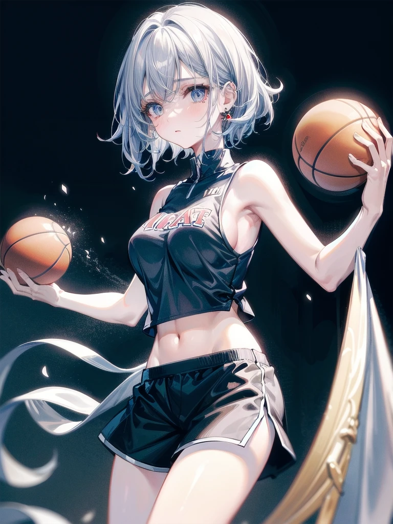 basketball uniform, shorts, midriff, sleeveless, absurdres, RAW photo, extremely delicate and beautiful, masterpiece, Best Quality, ultra high resolution, 32k, hyperrealistic, ultra-detailed, detailed description, pale skin, 20 years old, tearful mole, earring, big tits, short medium hair, wavy hair, whole body shot,