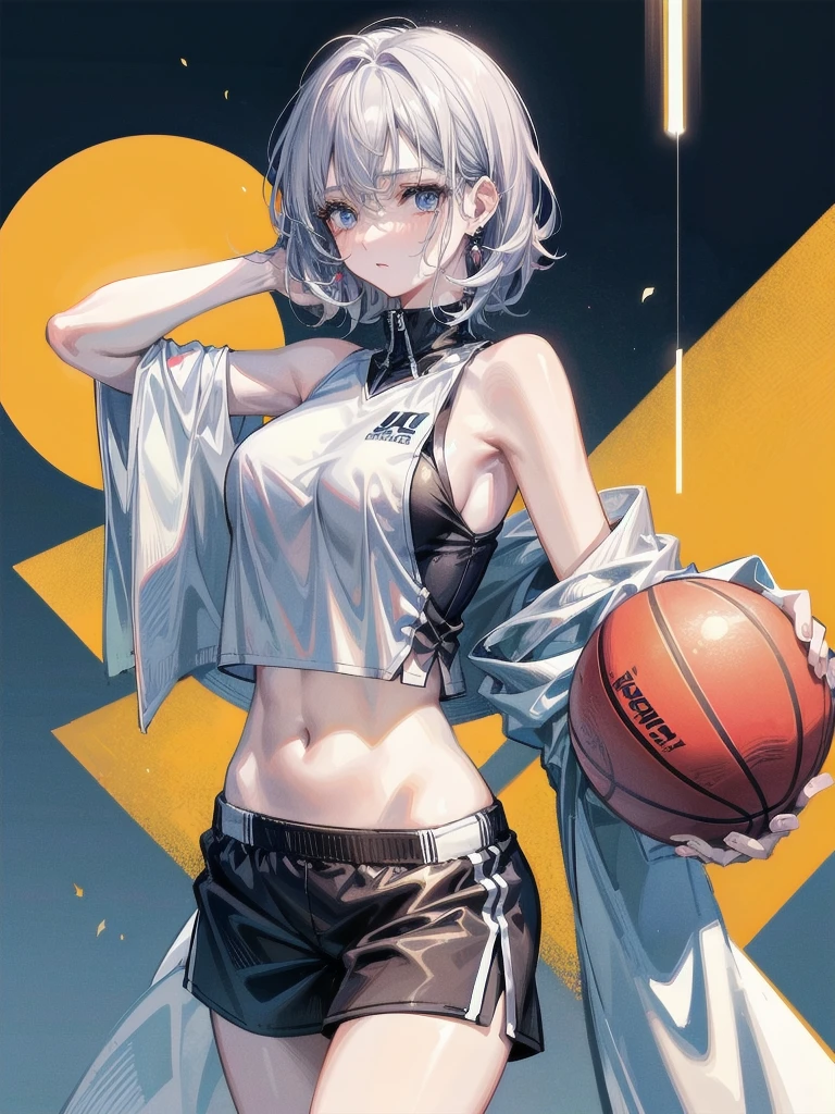 basketball uniform, shorts, midriff, sleeveless, absurdres, RAW photo, extremely delicate and beautiful, masterpiece, Best Quality, ultra high resolution, 32k, hyperrealistic, ultra-detailed, detailed description, pale skin, 20 years old, tearful mole, earring, big tits, short medium hair, wavy hair, whole body shot,