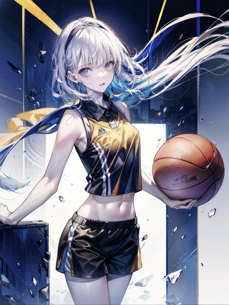 basketball uniform, shorts, midriff, sleeveless, absurdres, RAW photo, extremely delicate and beautiful, masterpiece, Best Quality, ultra high resolution, 32k, hyperrealistic, ultra-detailed, detailed description, pale skin, 20 years old, tearful mole, earring, big tits, short medium hair, wavy hair, whole body shot,