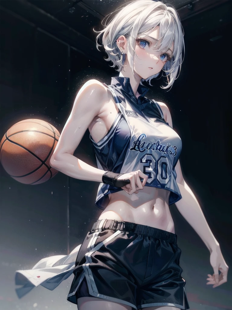 whole body, absurdres, RAW photo, extremely delicate and beautiful, masterpiece, Best Quality, ultra high resolution, 32k, hyperrealistic, ultra-detailed, detailed description, pale skin, 20 years old, detailed beautiful face and eyes, big tits, medium hair, black hair, tearful mole, earring, Basketball shirt, tank top, Hot Pants,