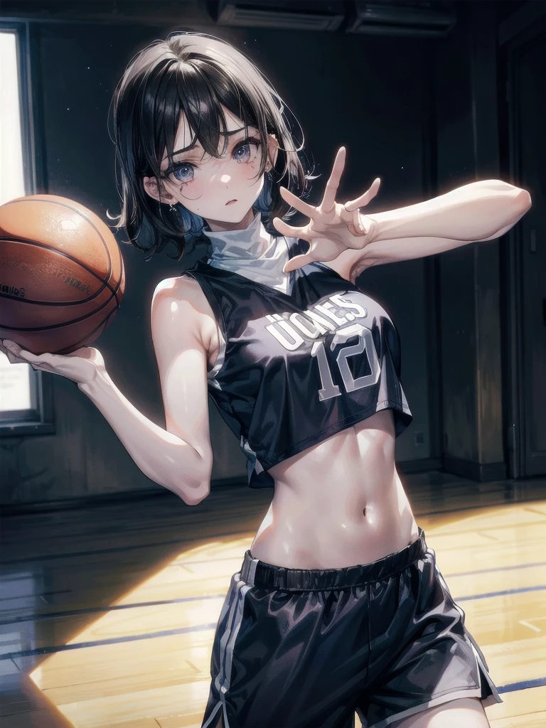basketball uniform, shorts, midriff, sleeveless, absurdres, RAW photo, extremely delicate and beautiful, masterpiece, Best Quality, ultra high resolution, 32k, hyperrealistic, ultra-detailed, detailed description, pale skin, 20 years old, tearful mole, earring, big tits, short medium hair, wavy hair, whole body shot,