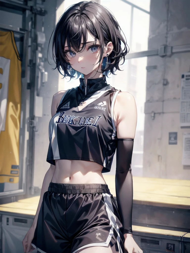 basketball uniform, shorts, midriff, sleeveless, absurdres, RAW photo, extremely delicate and beautiful, masterpiece, Best Quality, ultra high resolution, 32k, hyperrealistic, ultra-detailed, detailed description, pale skin, 20 years old, tearful mole, earring, big tits, short medium hair, wavy hair, whole body shot,