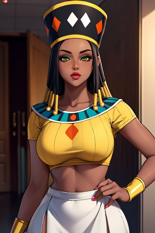 ((masterpiece,best quality)), absurdres,
Helles_DBS, 1girl,
hat, jewelry, black hair, dark skin, looking at viewer, egyptian, yellow crop top, medium breasts, white dress, solo,