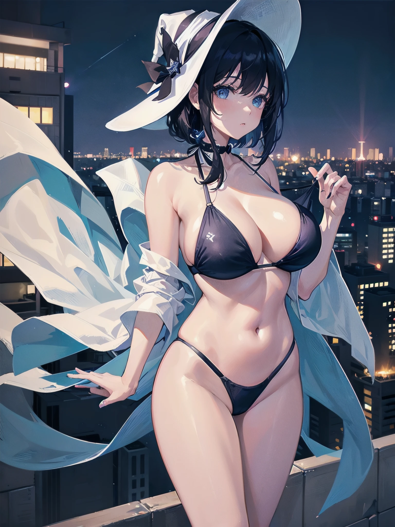 A girl stands on the rooftop of a high-rise building overlooking the late-night Tokyo nightscape.、She has a short bob with a white lob of hair and wears a large black witch hat with sapphire jewelry.、A high school student wearing a navy blue bikini-type swimsuit with a white ribbon、She wears a large witch&#39;s hat with a small sapphire accessory、A few star creams、Beautiful starry sky、Beautiful night view、large witch's hat 、Navy blue bikini pants that dig into your stomach、Small breasts、Small breasts、Navy blue swimsuit top with white frills、I see my stomach、The area around the stomach is bare skin.、Belly button、Halterneck bikini、She is wearing hot pants、She is wearing a long black coat with the front open.、Illuminated roof terrace、