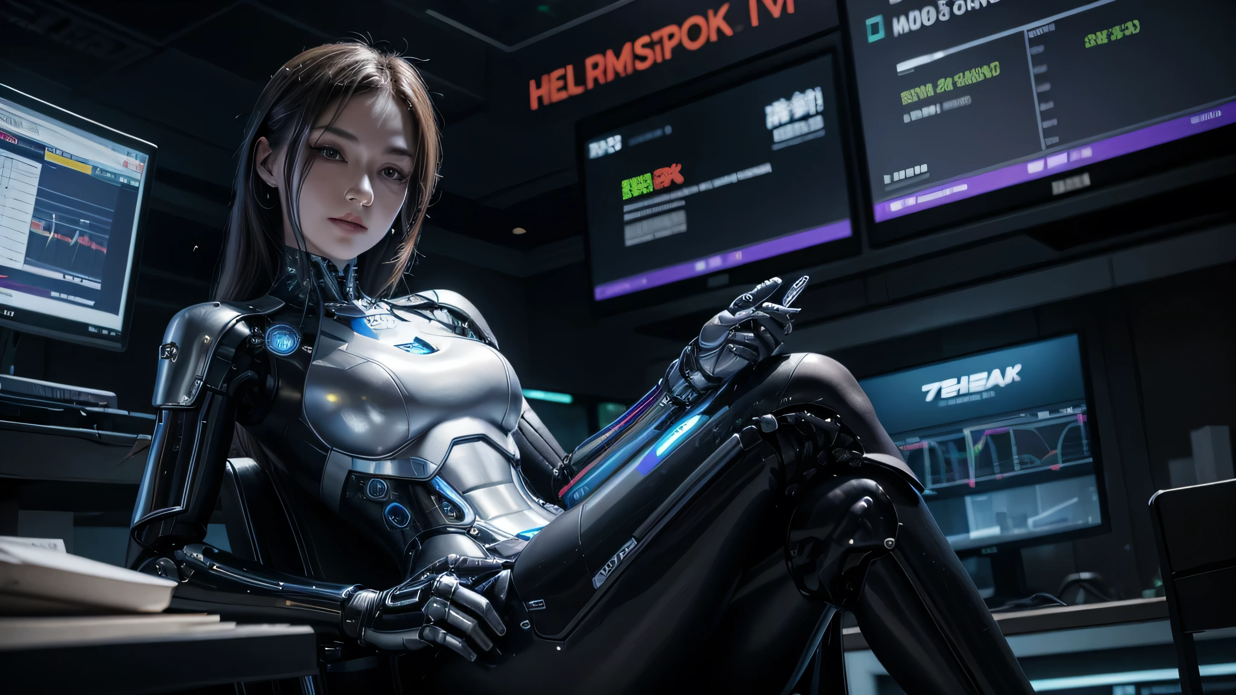 An elegant cyberpunk robot relaxed and trading the stock market, sitting on a chair