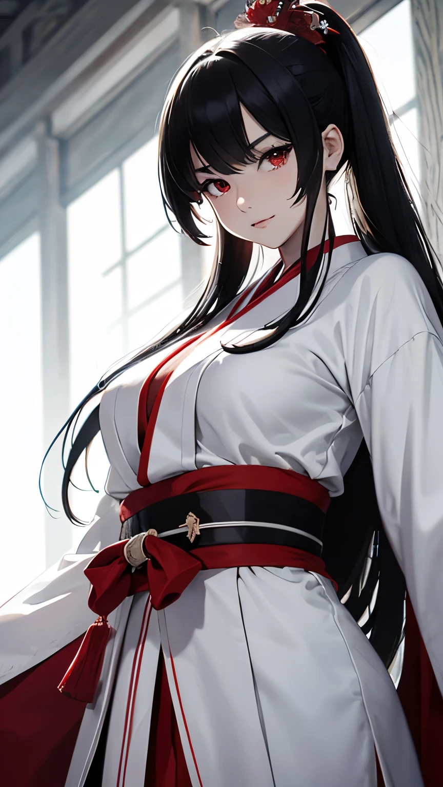 Japanese shrine maiden, girl, shrine, mysterious, human, shrine maiden clothes, short and slender person, standing, white skin, white skin, long black hair, red eyes, crazy smile, beautiful face, night, Beautiful face, white and red clothes, beautiful limbs, tamagushi, white jacket, sleeves, white gloves, traditional clothes, red skirt, black moon, red moon, looking at the viewer, intimidating gaze, (from below:1.2), drawing style, dynamic light, ultra detail, extremely detailed CG, micro intricate, highly detailed skin, highly detailed face, highly detailed pupils, highly detailed iris, RAW photo, best quality, high resolution, ((masterpiece)), realistic, sharp focus, HDR, 8K resolution, intricate detail, sophisticated detail, hyper detailed, (depth of field), highlight and shadow, volumetric lighting, highly detailed background, by Kentaro Miura:1.1, comicbookpencils:0.9, greyscale(line art:1.1)