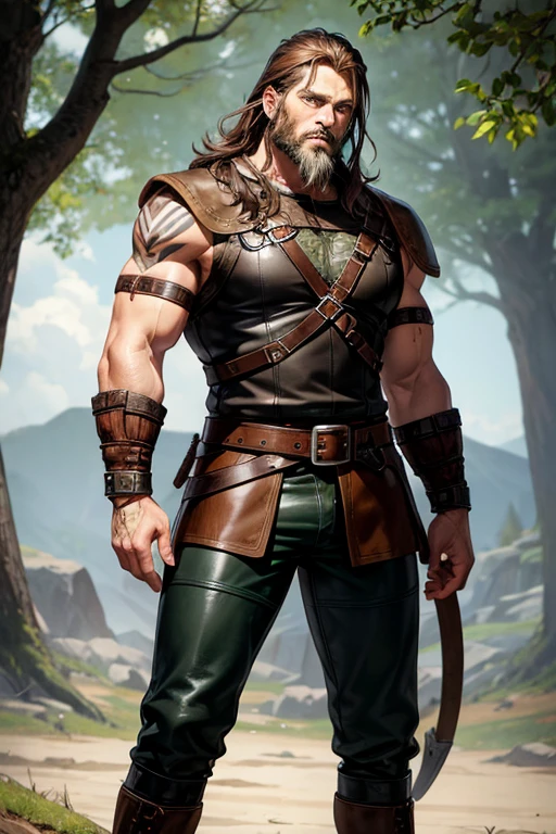 Viking, man in his 50s, Brown hair with beard, green eyes, leather Viking clothing, brown boots, leather belt, black leather pants, stocky build, muscular tattoos, Vikings, background of a forest