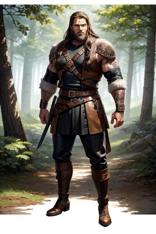 Viking, man in his 50s, Brown hair with beard, green eyes, leather Viking clothing, brown boots, leather belt, black leather pants, stocky build, muscular tattoos, Vikings, background of a forest