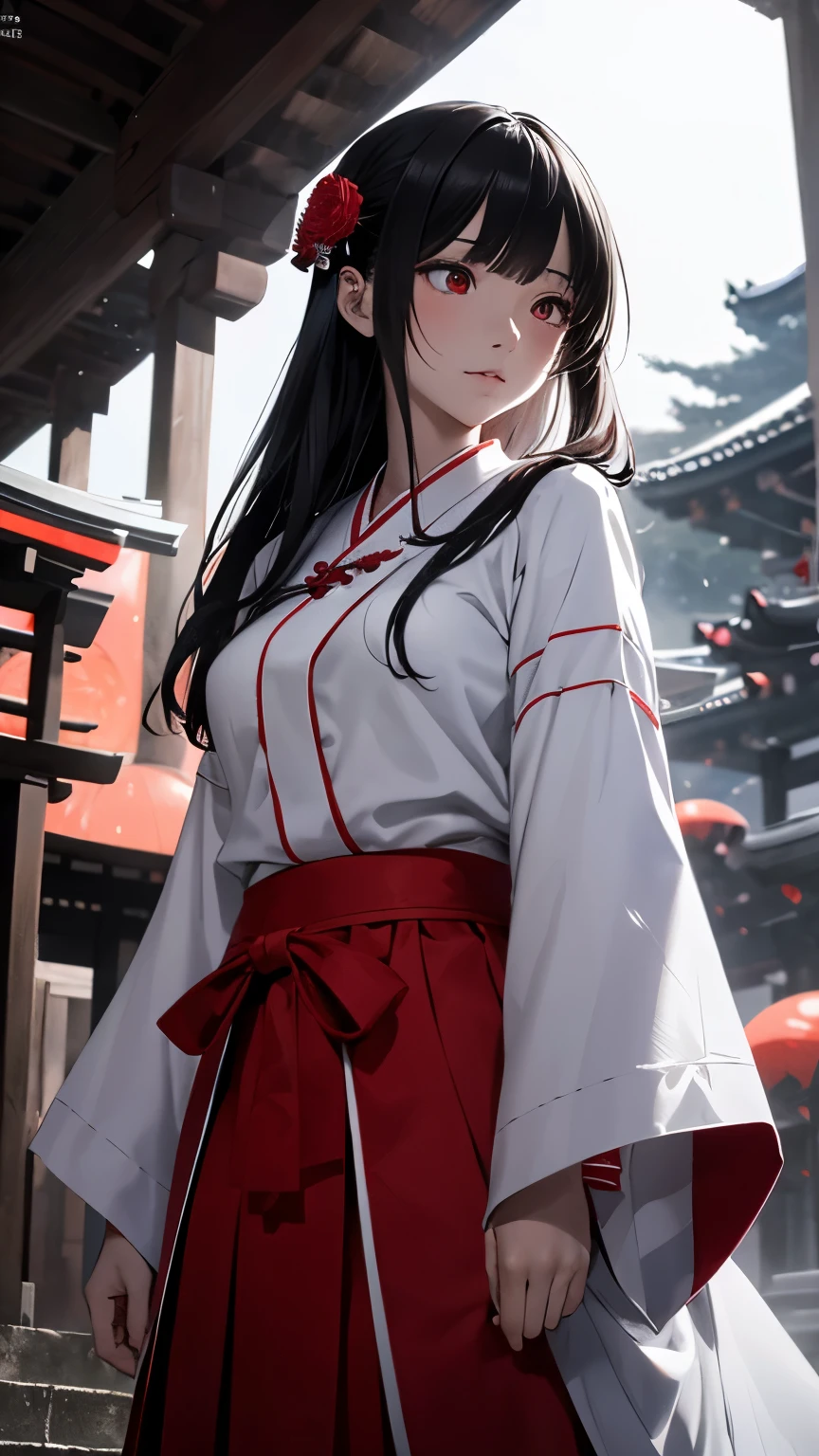 Japanese shrine maiden, girl, shrine, mysterious, human, shrine maiden clothes, short and slender person, standing, white skin, white skin, long black hair, red eyes, crazy smile, beautiful face, night, Beautiful face, white and red clothes, beautiful limbs, tamagushi, white jacket, sleeves, white gloves, traditional clothes, red skirt, black moon, red moon, looking at the viewer, intimidating gaze, (from below:1.2), drawing style, dynamic light, ultra detail, extremely detailed CG, micro intricate, highly detailed skin, highly detailed face, highly detailed pupils, highly detailed iris, RAW photo, best quality, high resolution, ((masterpiece)), realistic, sharp focus, HDR, 8K resolution, intricate detail, sophisticated detail, hyper detailed, (depth of field), highlight and shadow, volumetric lighting, highly detailed background, by Kentaro Miura:1.1, comicbookpencils:0.9, greyscale(line art:1.1)