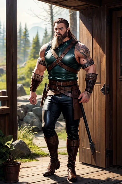 Viking, woman in his 50s, Brown hair with beard, green eyes, leather Viking clothing, brown boots, leather belt, black leather pants, stocky build, muscular tattoos, Vikings, background of a forest