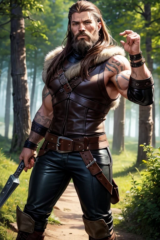Viking, woman in his 50s, Brown hair with beard, green eyes, leather Viking clothing, brown boots, leather belt, black leather pants, stocky build, muscular tattoos, Vikings, background of a forest