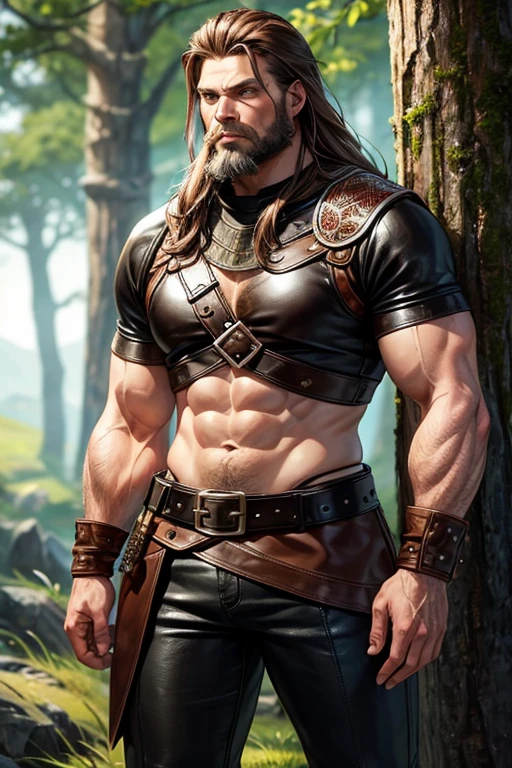 Viking, woman in his 50s, Brown hair with beard, green eyes, leather Viking clothing, brown boots, leather belt, black leather pants, stocky build, muscular tattoos, Vikings, background of a forest