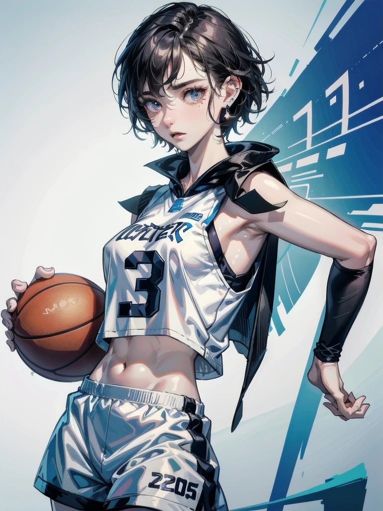 basketball uniform, shorts, midriff, sleeveless, absurdres, RAW photo, extremely delicate and beautiful, masterpiece, Best Quality, ultra high resolution, 32k, hyperrealistic, ultra-detailed, detailed description, pale skin, 20 years old, tearful mole, earring, big tits, short medium hair, wavy hair, whole body shot,