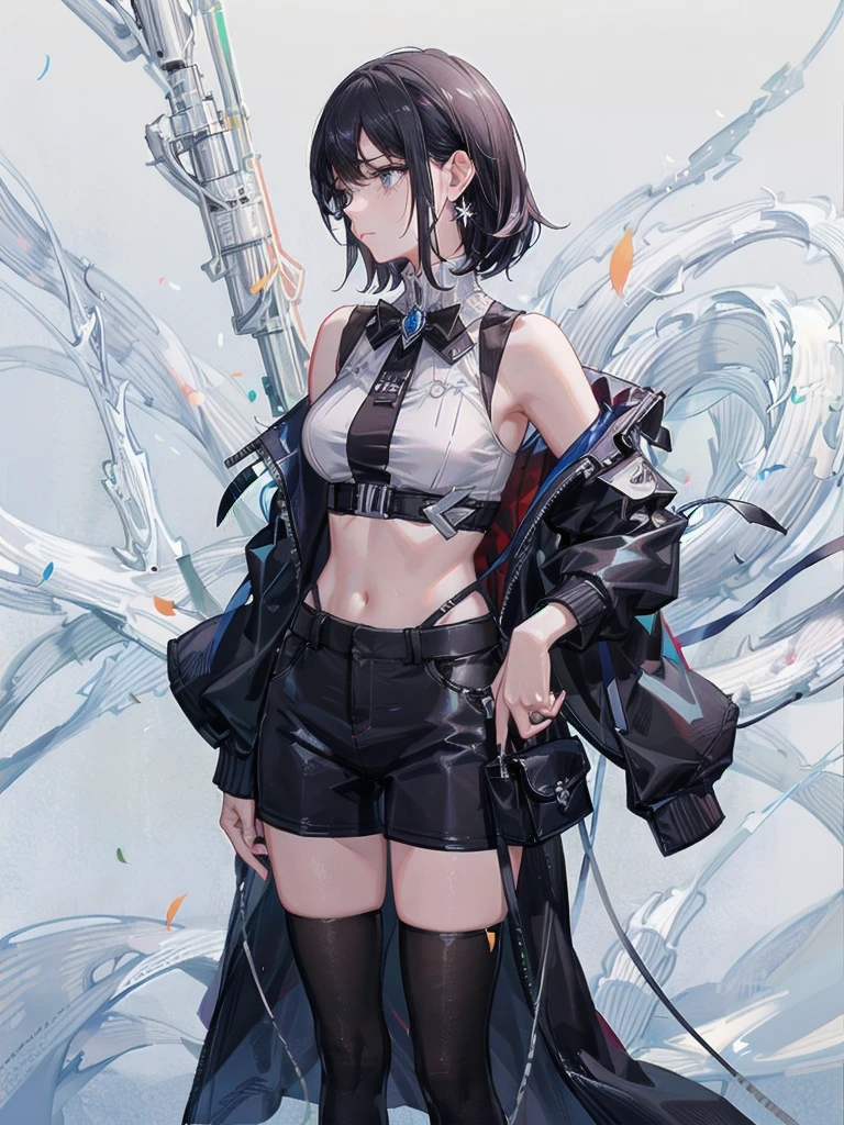 basketball uniform, shorts, midriff, sleeveless, absurdres, RAW photo, extremely delicate and beautiful, masterpiece, Best Quality, ultra high resolution, 32k, hyperrealistic, ultra-detailed, detailed description, pale skin, 20 years old, tearful mole, earring, big tits, short medium hair, wavy hair, whole body shot,