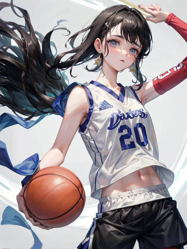 basketball uniform, shorts, midriff, sleeveless, absurdres, RAW photo, extremely delicate and beautiful, masterpiece, Best Quality, ultra high resolution, 32k, hyperrealistic, ultra-detailed, detailed description, pale skin, 20 years old, tearful mole, earring, big tits, short medium hair, wavy hair, whole body shot,