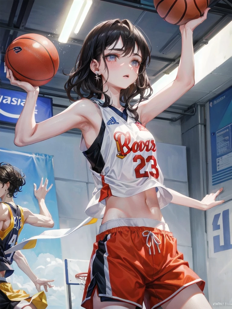 basketball uniform, shorts, midriff, sleeveless, absurdres, RAW photo, extremely delicate and beautiful, masterpiece, Best Quality, ultra high resolution, 32k, hyperrealistic, ultra-detailed, detailed description, pale skin, 20 years old, tearful mole, earring, big tits, short medium hair, wavy hair, whole body shot,