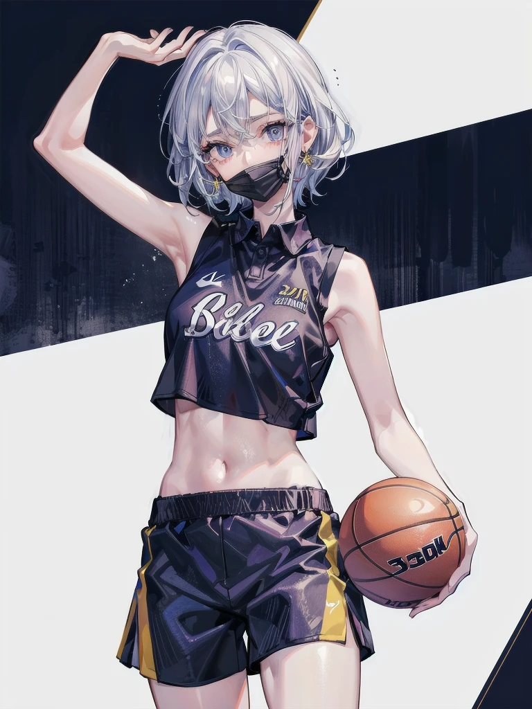 basketball uniform, shorts, midriff, sleeveless, absurdres, RAW photo, extremely delicate and beautiful, masterpiece, Best Quality, ultra high resolution, 32k, hyperrealistic, ultra-detailed, detailed description, pale skin, 20 years old, tearful mole, earring, big tits, short medium hair, wavy hair, whole body shot,