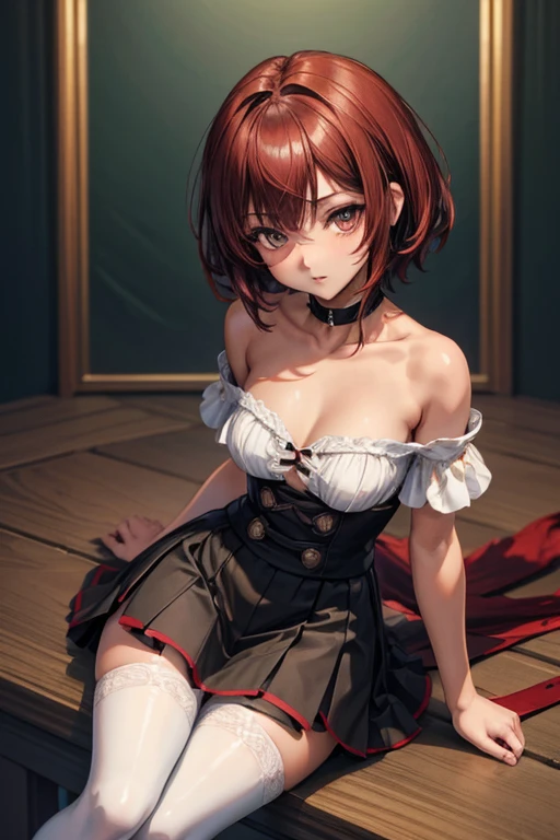 8K UHD, Digital SLR, Soft lighting, High quality, ((best quality)) ((best quality)), ((masterpiece)), (detailed), 4k image, anime style, beautiful age anime girl, black color A-line pleated skirt, shirt, fair caramel brown skin, symmetrical face, plump lips, blood red vermillion eyes, African looks, small breaned thin slender body, small narrow waist, short height, waist length pixie cut hair, sleek dark red hair, hips, phoenix eyes, small nose, European style , white sheer thigh-high stockings, low-top boots