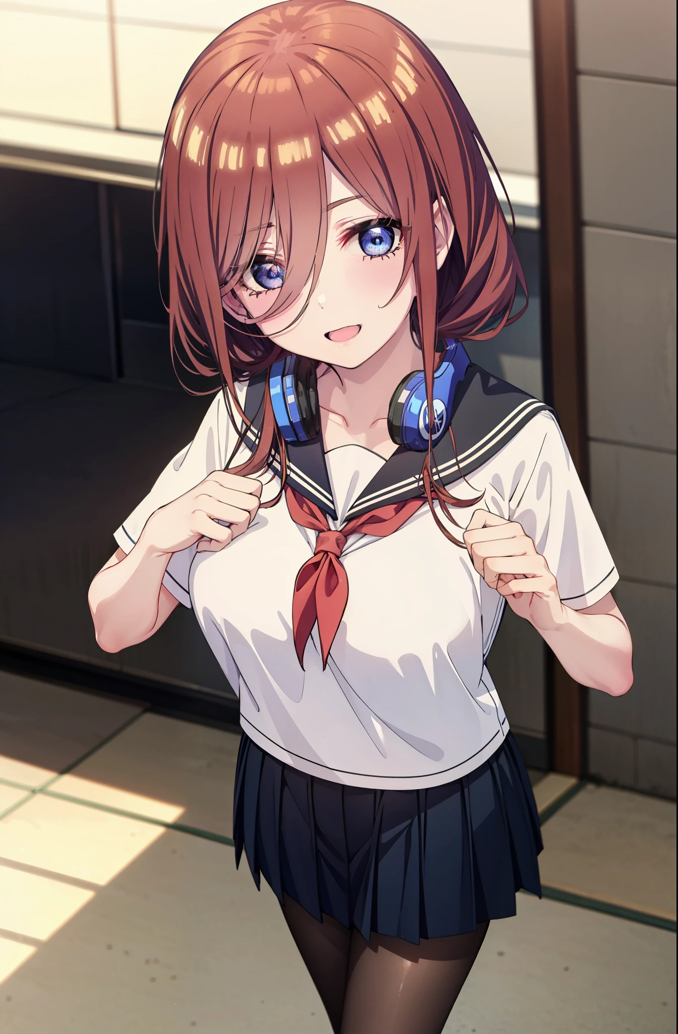 Mikunakano, Miku Nakano, Long Hair, bangs, blue eyes, Brown Hair, shirt, Hair between the eyes, Headphones around the neck,smile、happy smile, smile, Open your mouth,Big Breasts,Japanese schoolgirl(Sailor suit),Short sleeve,Black pleated skirt,Black Pantyhose,Brown Loafers,Daytime,sunny,whole bodyがイラストに入るように,Looking down from above,
break indoors, School,Big Breasts,
break looking at viewer, whole body,
break (masterpiece:1.2), highest quality, High resolution, unity 8k wallpaper, (shape:0.8), (Beautiful details:1.6), Highly detailed face, Perfect lighting, Highly detailed CG, (Perfect hands, Perfect Anatomy),