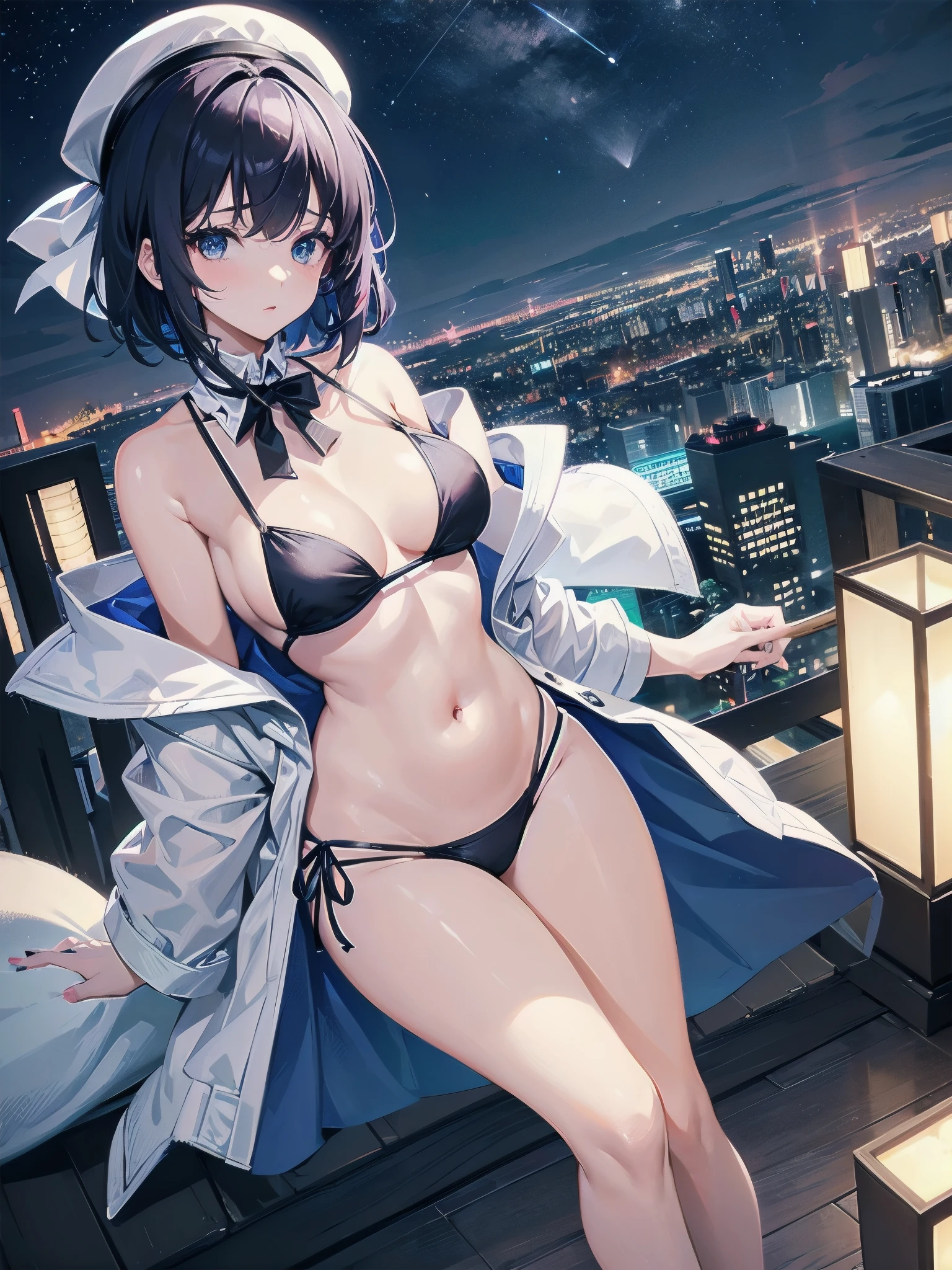 A girl stands on the rooftop of a high-rise building overlooking the late-night Tokyo nightscape.、She has a short bob with a white lob of hair and wears a large black witch hat with sapphire jewelry.、A high school student wearing a navy blue bikini-type swimsuit with a white ribbon、She wears a large witch&#39;s hat with a small sapphire accessory、A few star creams、Beautiful starry sky、Beautiful night view、large witch's hat 、Navy blue bikini pants that dig into your stomach、Small breasts、Small breasts、Navy blue swimsuit top with white frills、I see my stomach、The area around the stomach is bare skin.、Belly button、Halterneck bikini、She is wearing hot pants、She is wearing a long black coat with the front open.、Illuminated roof terrace、