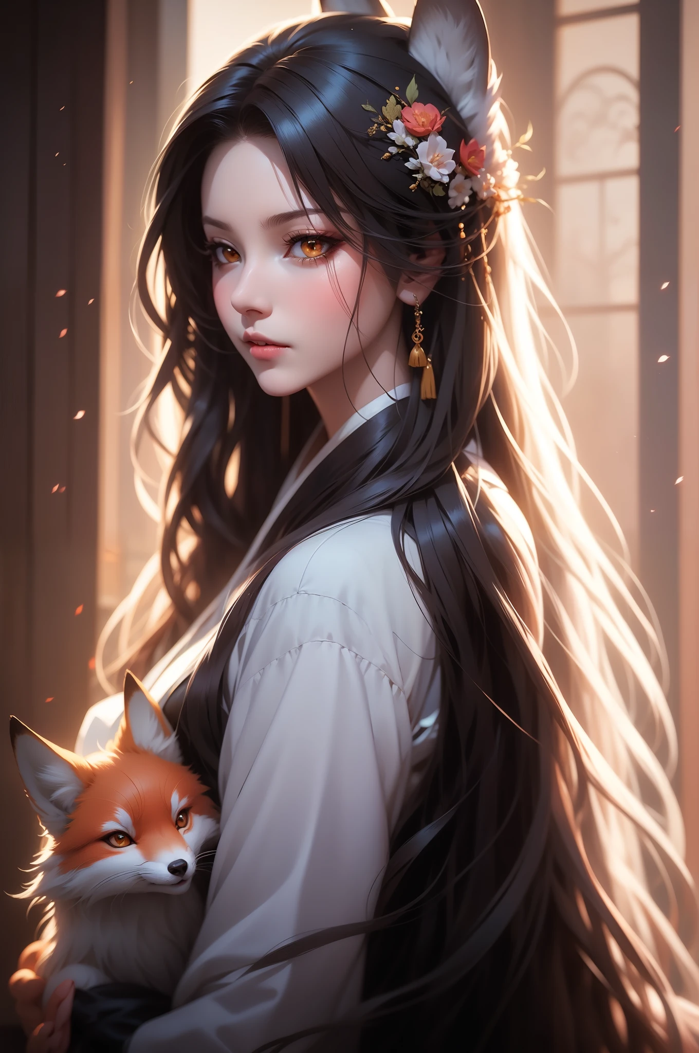 garota de anime com cabelo comprido e uma raposa, uma linda senhora raposa, raposa de cabelos brancos, linda pintura de personagem, por Yang J, lindo retrato de anime,  com orelhas de raposa, uma linda mulher kitsune, por Ni Tian, artwork in the style of Guweiz, Guweiz, por Ren Renfa, kitsune, Ilustra??o de anime suave