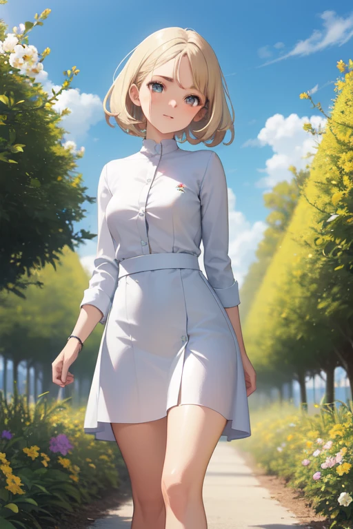 ((mejor calidad)), ((obra maestra)), (detallado), cara perfecta, joven,cabello blanco, con un vestido blanco, caminando por un campo de flores