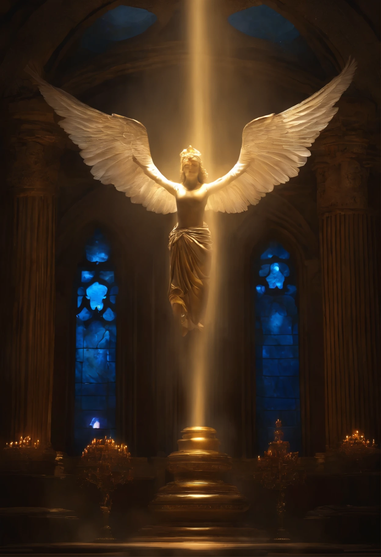 Uma ideia poderia ser uma cruz estilizada com asas de anjo abertas ao redor dela, representing spiritual protection. You can add elements like beams of light or an aura to make it more dynamic and expressive..