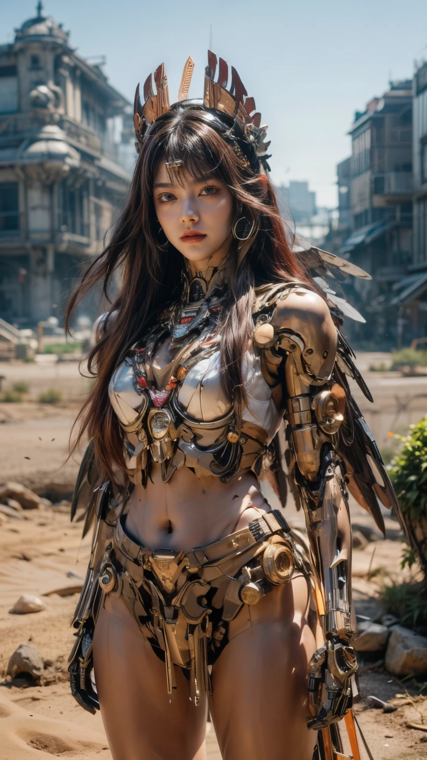 (top-quality:1.2, masterpiece)、ultra high resolution、extremely ultra surrealism, (Photorealsitic:1.4)、Raw photo、(Steampunk Battle Cyborg fallen angel)、(large mechanical bat wings)、black porcelain body、red  hair、glowy skin、1 Cyborg girl、(mechanical frame:1.3)japanese, extremely cute face,  ((super realistic details))、portrait、globalillumination、Shadow、octan render、8K、ultrasharp、character edge light、Details of complex ornaments、Acrylic Clear Cover、Sumerian details、Hydraulic cylinder、Small LED lamp、highly intricate detail、Realistic light、a purple eye、radiant eyes、Facing the camera、neon details、cowboy  shot、Futuristic headgear、About Cyberpunk