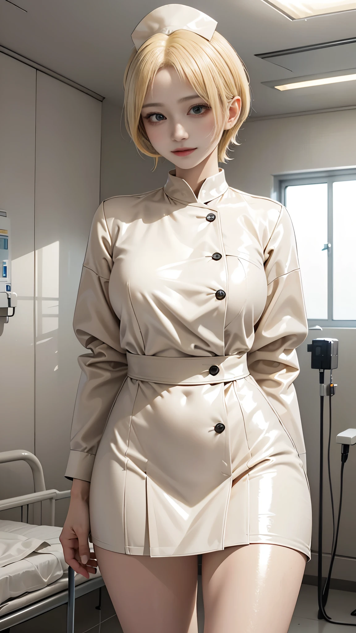 (masterpiece, highest quality, highest quality, Official Art, beautifully、aesthetic:1.2), Cinema Lighting、(Key light at 45 degrees from the front,Orange Fill Light、Soft Blue Backlight、Strong Shadows、Blue and orange color palette), Accurate human body、Someone knowledgeable、Correct five-finger、4K - ultra-vivid、highest quality, masterpiece, Ultra-high resolution, Detailed Background、The perfect background、
((Oilskin,Glowing Skin、Realistic skin texture、Beautiful skin in every detail、Shiny skin、Slimy skin、Shiny skin、Shiny skin)), White skin, Real human skin, (Familiar), Oval Face, pore, Ultra-high resolution, (8k, RAW Photos, Realistic: 1.4), One Girl, slim, (kind, Goddess-like eyes、happiness: 1.2), (Lip gloss, eyelash, Terrible face, highest quality, Ultra-high resolution, Wide Lighting, Natural Shading)、Sexy nurse、(On the bed, on all fours:0.5), Absolute area、Long beautiful slim legs、Low length、hospital room、hospital、Sexy smile expression:0.8, (I closed the curtains.、dark, Dark Room:0.8)、((Cream yellow hair:1.5),