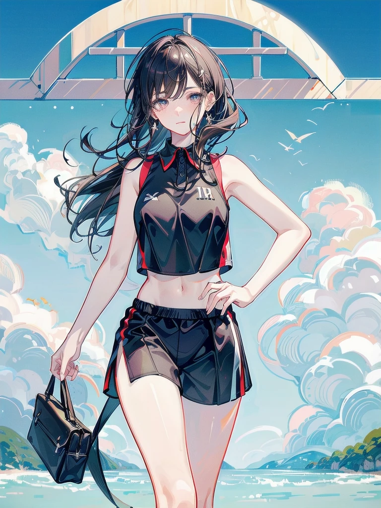 basketball uniform, shorts, midriff, sleeveless, absurdres, RAW photo, extremely delicate and beautiful, masterpiece, Best Quality, ultra high resolution, 32k, hyperrealistic, ultra-detailed, detailed description, pale skin, 20 years old, tearful mole, earring, , short medium hair, wavy hair, whole body shot,