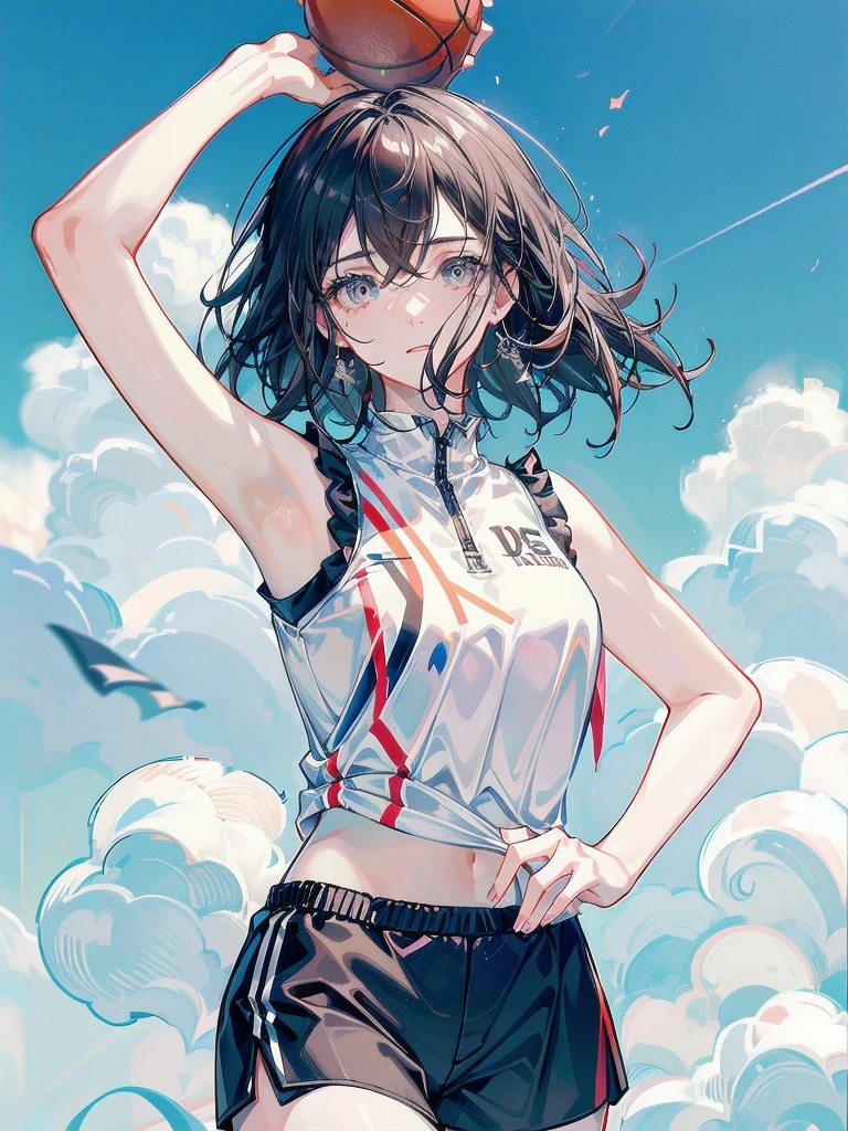 ((of the highest quality, 8K,Raw photo)), (Realistic, Photorealistic: 1.37), (Face Focus: 1.1), Small breasts, A refreshing smile、flat chest, Short hair, A Japanese Lady、20yr old、Japan idol system、(white sweatshirt: 1.1)、Skirt, Sitting, Arms up, From below, Sunlight, Movie Lighting,