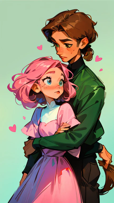 ((height difference)), Illustration style, cartoony, love, couple, (masterpiece, best:1.0), ((couple)), ((one man)), ((one woman)), two people, One male (brown shaggy hair, brown rattail hair, 3:7 ratio) (green eyes), One female (pink curly hair) (blue eyes) freckles, 1 male 1 female