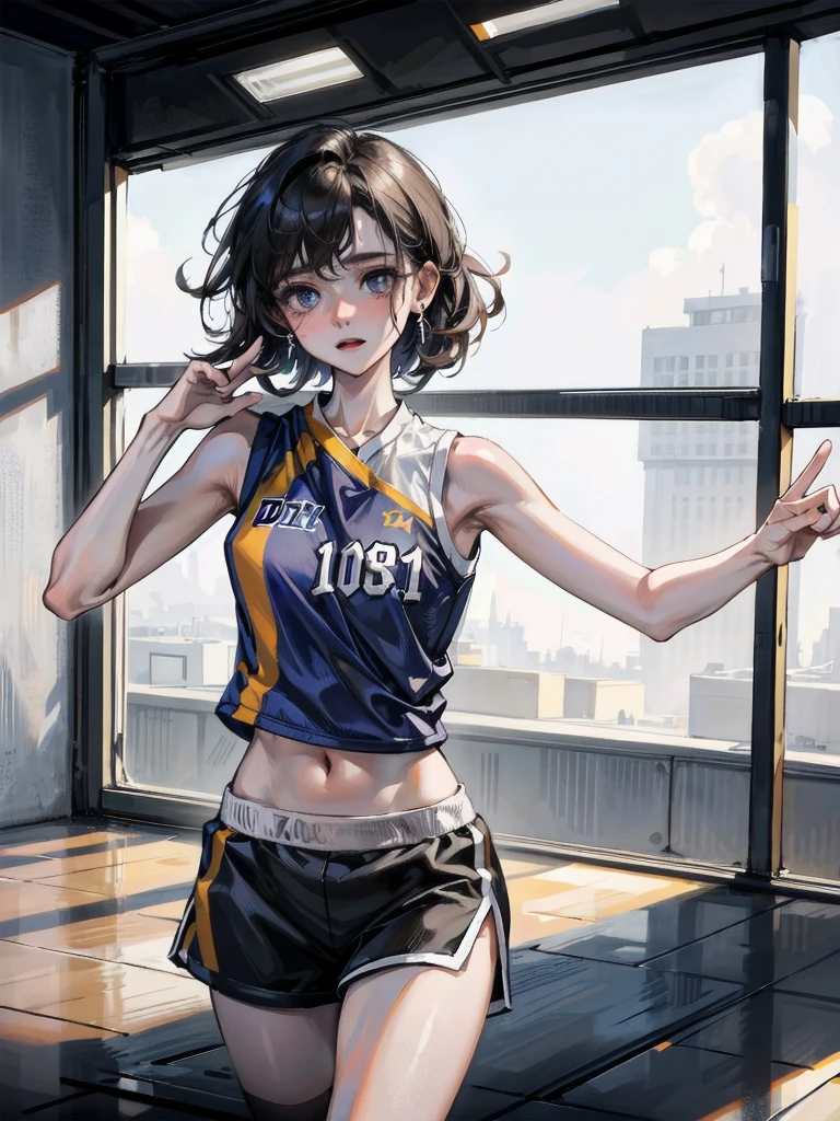 basketball uniform, shorts, midriff, sleeveless, absurdres, RAW photo, extremely delicate and beautiful, masterpiece, Best Quality, ultra high resolution, 32k, hyperrealistic, ultra-detailed, detailed description, pale skin, 20 years old, tearful mole, earring, big tits, short medium hair, wavy hair, whole body shot,
