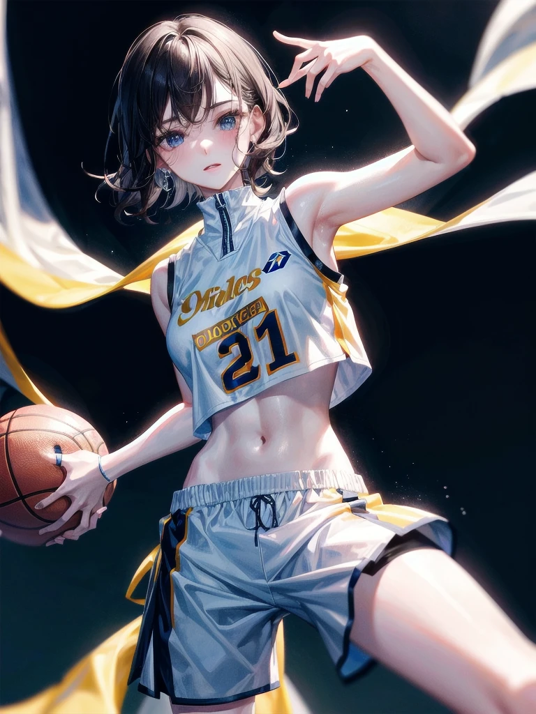 basketball uniform, shorts, midriff, sleeveless, absurdres, RAW photo, extremely delicate and beautiful, masterpiece, Best Quality, ultra high resolution, 32k, hyperrealistic, ultra-detailed, detailed description, pale skin, 20 years old, tearful mole, earring, big tits, short medium hair, wavy hair, whole body shot,