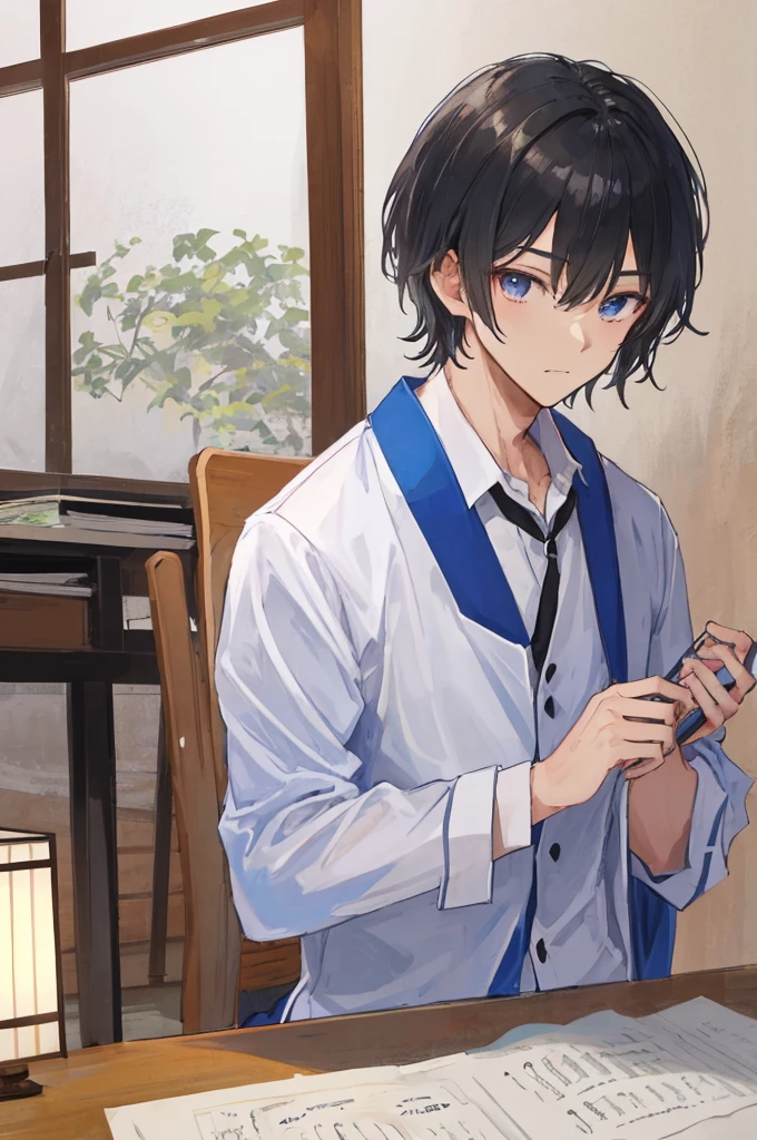 masterpiece,8k,((A man)),Black short hair,Handsome,Japanese-style school uniform,study,
