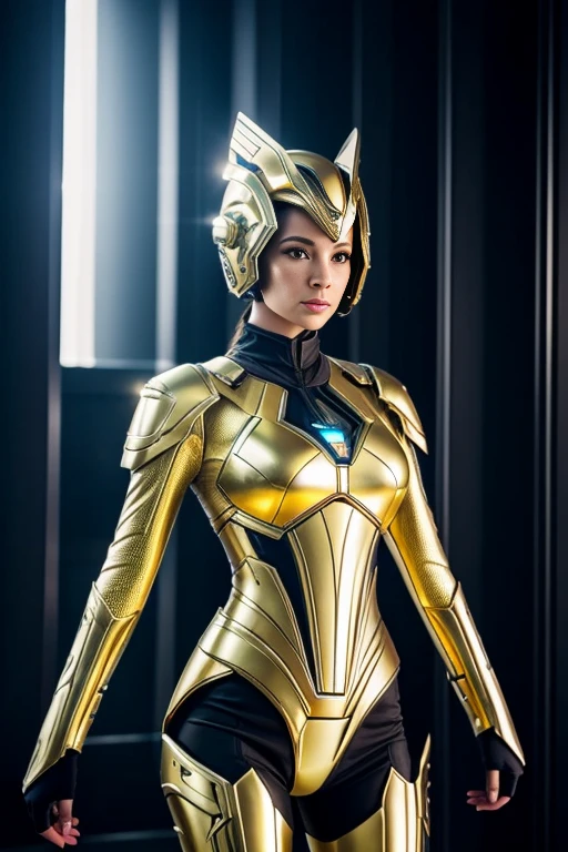 Title: A Futuristic Mix of Femininity and Power: The Golden Armored Android

Description: Centered Image, High Quality, Selfie-style Photography

In this captivating and highly detailed image, we are presented with a stunning, futuristic android, embodying both femininity and power. sporting a sleek golden armor adorned with intricate details and a chimera-like helmet embellished with small, sparkling diamond wings. This android was crafted for a noble purpose: to safeguard the weaver-goddesses from the looms of time.

The android's face, though androgynous, exudes an ethereal beauty