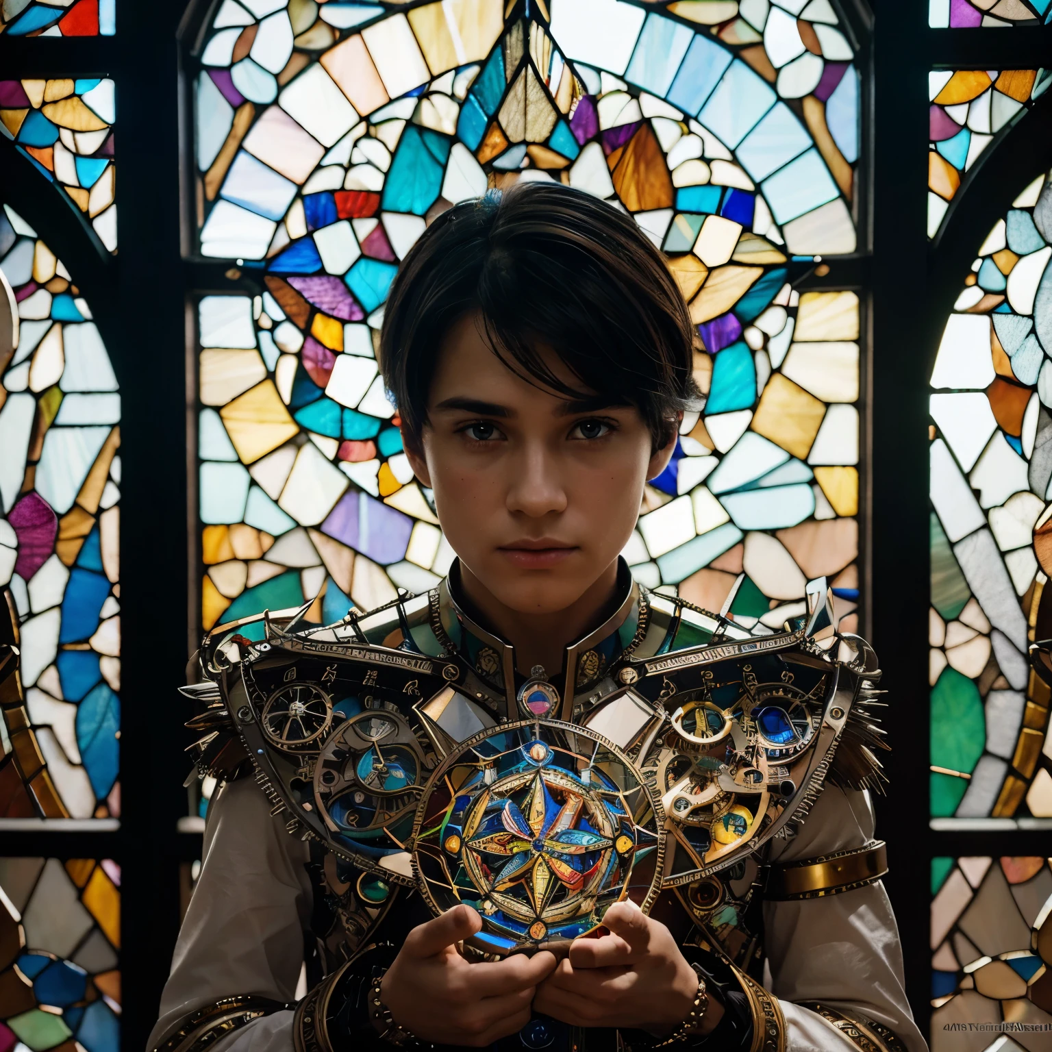 best quality, super fine, 16k, incredibly absurdres, extremely detailed, delicate and dynamic, stained glass kaleidoscope made of jewels of various colors, with mechanical mechanisms, clockwork mechanisms, and gear mechanisms, monochrome boy peering into it, iridescent world artwork