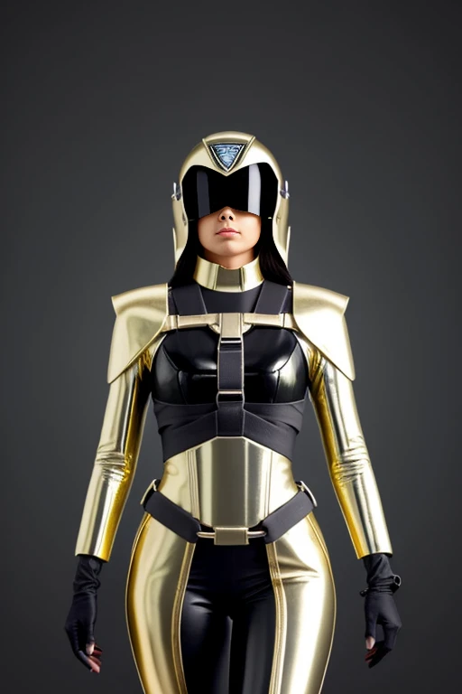Concepto de una androide futurista sexy y femenina, de cuerpo esbelta y robusta, hecha de materiales avanzados y luente. Creada para proteger a las nornas de los telares del tiempo, His harness is made of shiny gold and his head is covered by a diamond helmet and small wings.. Su aspecto es atraente y poderoso, con una gran inteligencia y un cuerpo perfectamente moldado. Its design is of high quality, con detalles intrincados y un brillo luminoso. Esta androide es un verdad