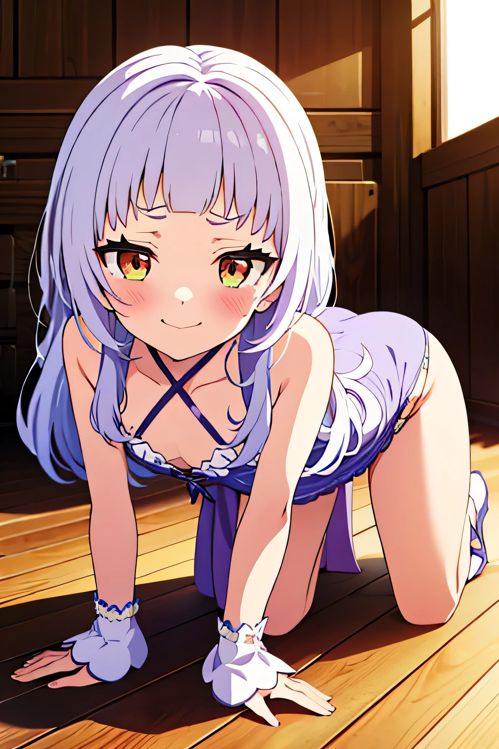 Photo session、Hot body、Blushing、There are cameramen around、Butt、Small breasts、Light purple white hair、smug face、Dancer、On all fours