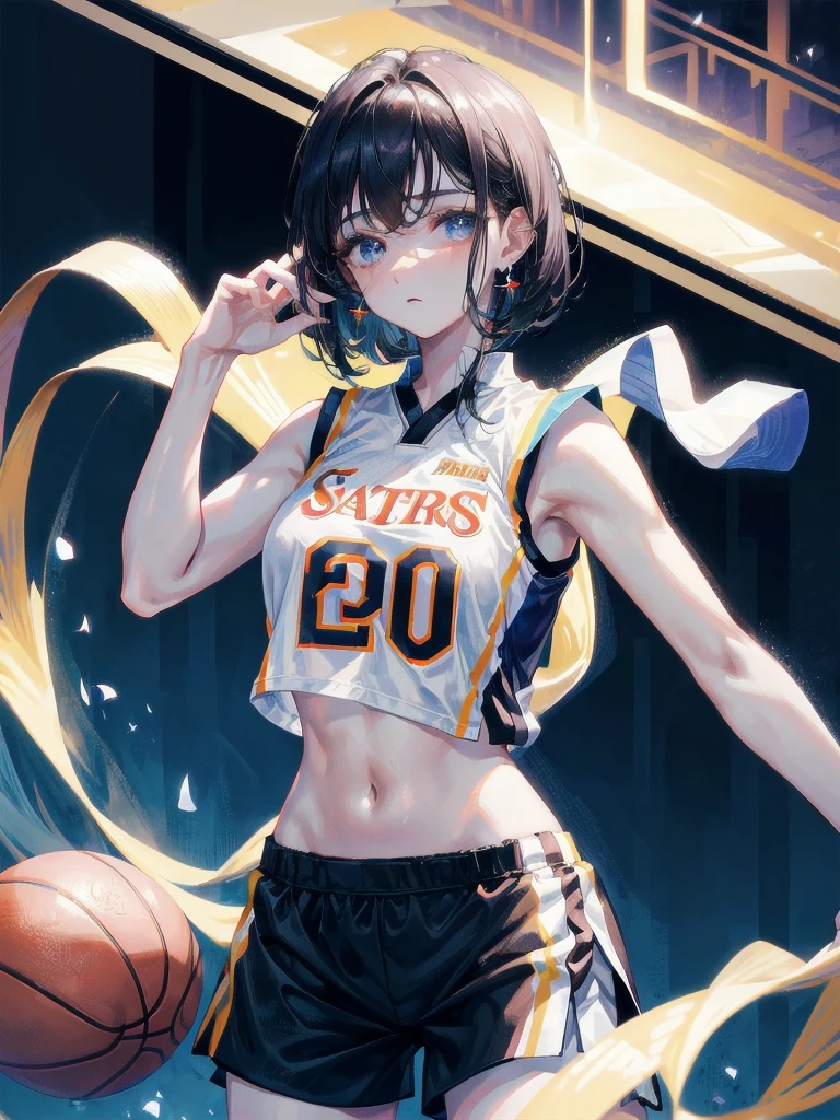 basketball uniform, shorts, midriff, sleeveless, absurdres, RAW photo, extremely delicate and beautiful, masterpiece, Best Quality, ultra high resolution, 32k, hyperrealistic, ultra-detailed, detailed description, pale skin, 20 years old, tearful mole, earring, big tits, short medium hair, wavy hair, whole body shot,