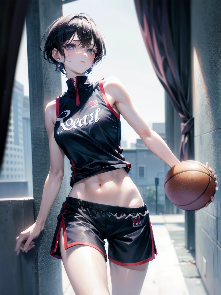 basketball uniform, shorts, midriff, sleeveless, absurdres, RAW photo, extremely delicate and beautiful, masterpiece, Best Quality, ultra high resolution, 32k, hyperrealistic, ultra-detailed, detailed description, pale skin, 20 years old, tearful mole, earring, big tits, short medium hair, wavy hair, whole body shot,