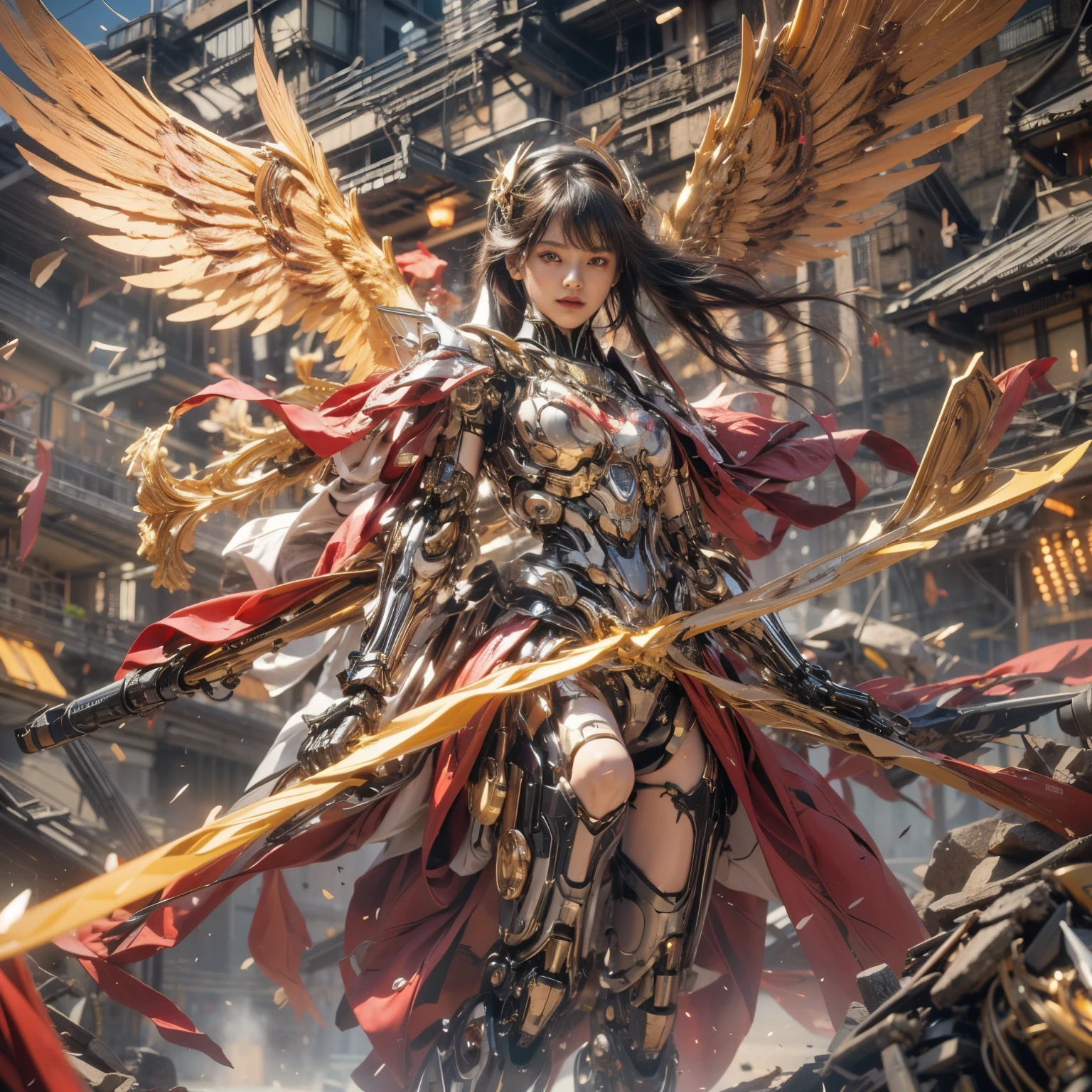 (top-quality:1.2, masterpiece)、ultra high resolution、extremely ultra surrealism, (Photorealsitic:1.4)、Raw photo、(Steampunk Battle Cyborg fallen angel)、(large mechanical bat wings)、black porcelain body、red  hair、glowy skin、1 Cyborg girl、(mechanical frame:1.3)japanese, extremely cute face,  ((super realistic details))、portrait、globalillumination、Shadow、octan render、8K、ultrasharp、character edge light、Details of complex ornaments、Acrylic Clear Cover、Sumerian details、Hydraulic cylinder、Small LED lamp、highly intricate detail、Realistic light、a purple eye、radiant eyes、Facing the camera、neon details、cowboy  shot、Futuristic headgear、About Cyberpunk